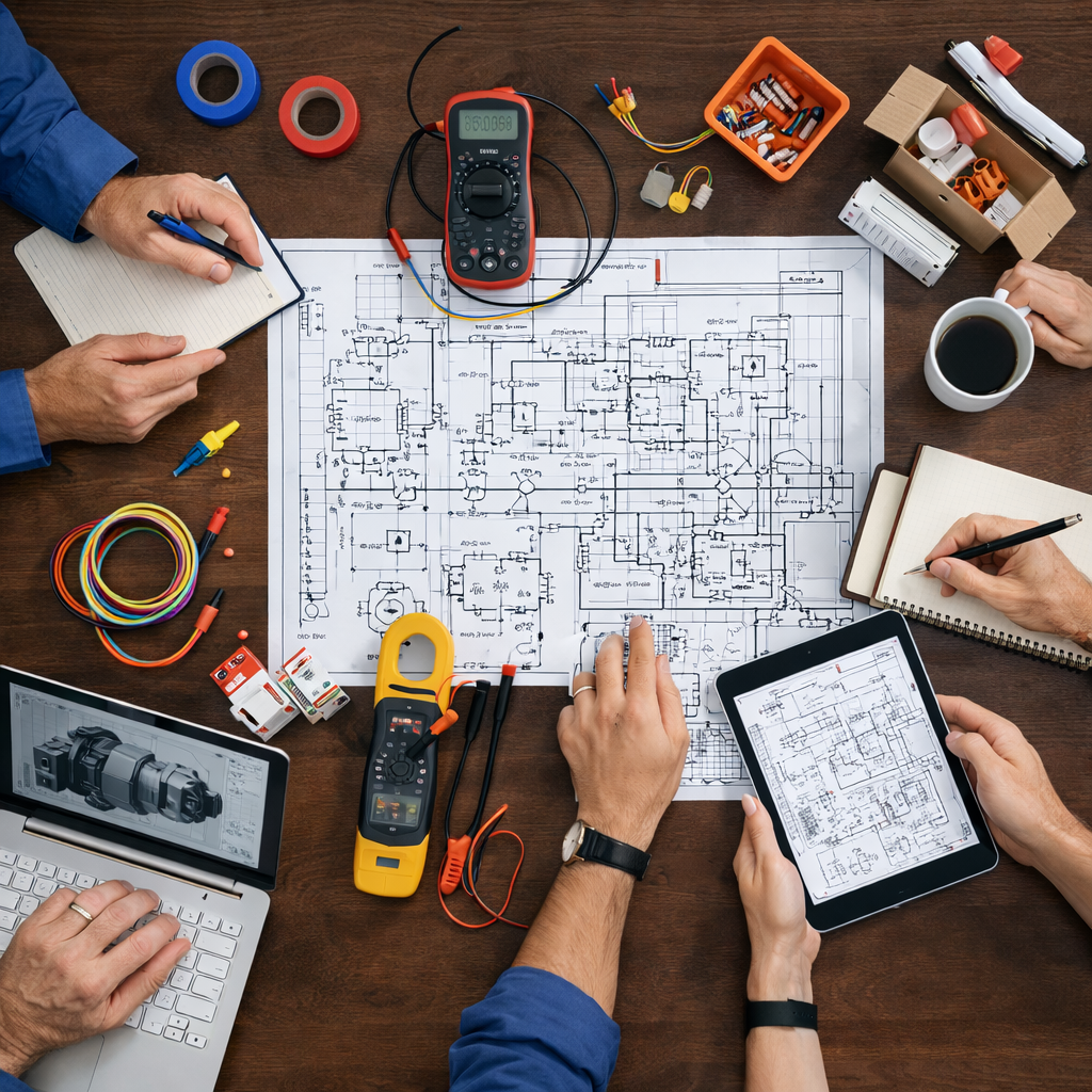Engineer pointing at mechanical part blueprints on a screen while team listens