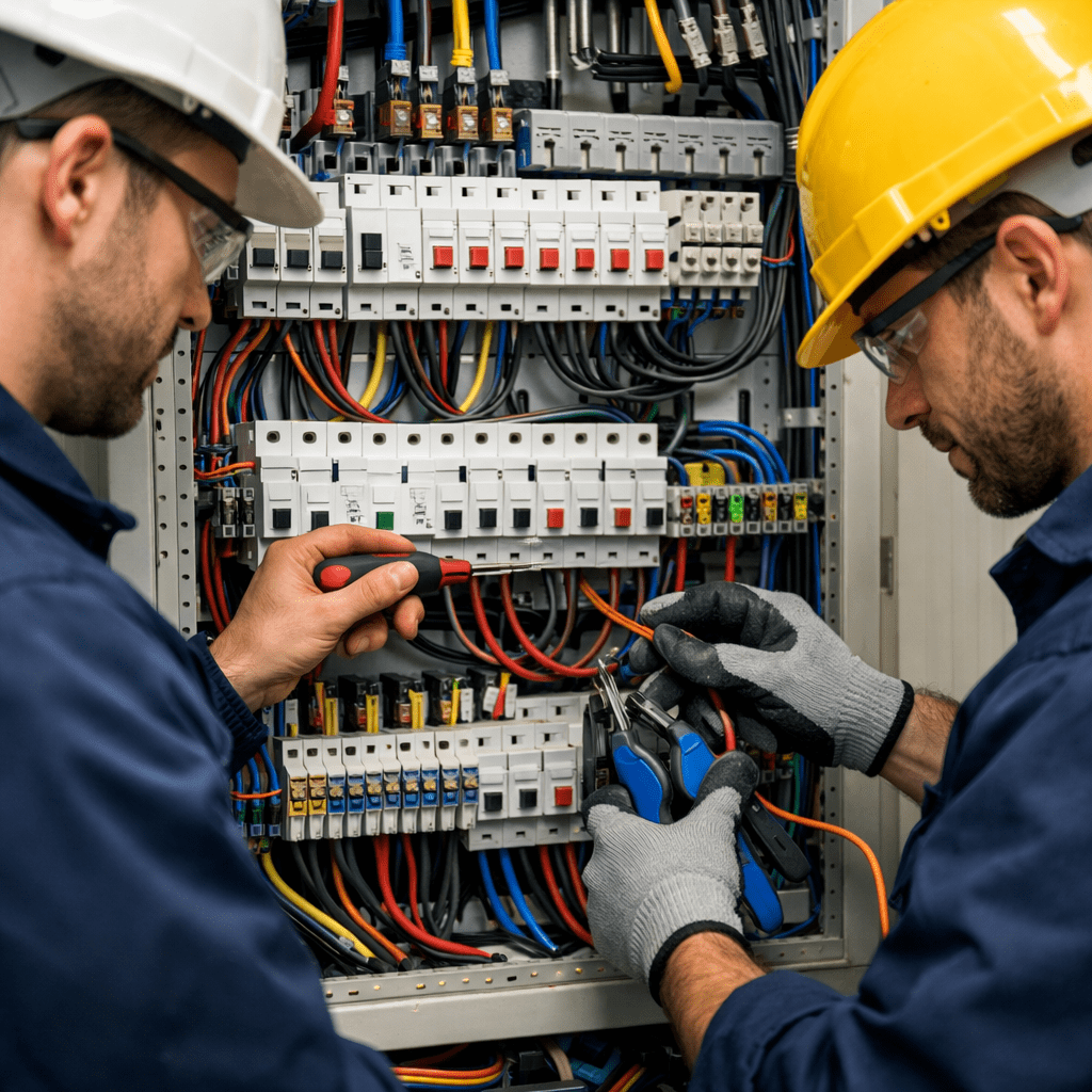 Electricians wiring panels and circuit breakers